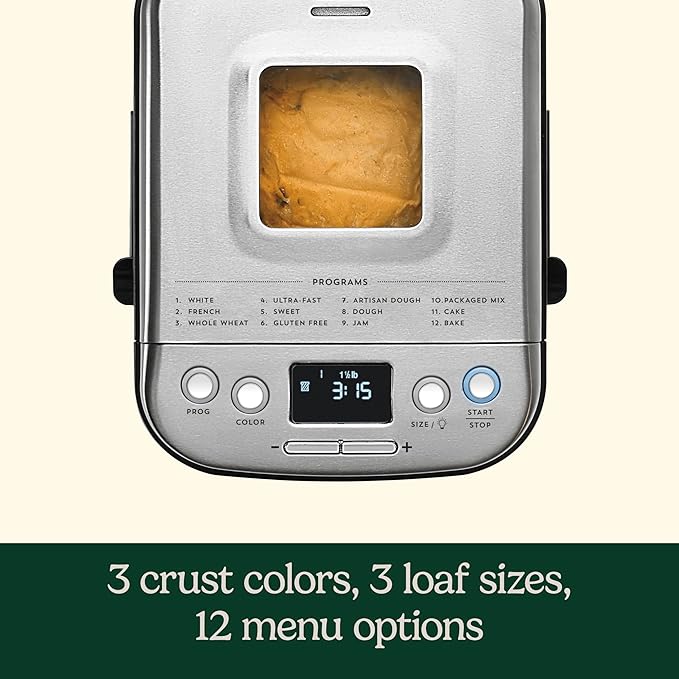 Cuisinart Bread Maker Machine, Stainless Steel Automatic Bread Machine with 12 Menu Options, 3 Loaf Sizes up to 2 Lb., 3 Crust Colors, Removable Nonstick Baking Pan & Kneading Paddle, CBK-110NAS image 2