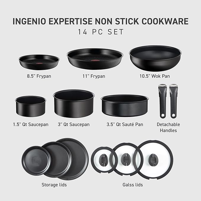 T-fal Ingenio Expertise Non Stick Cookware Set 14 Piece, Induction Oven Broiler Safe 500F, Detachable/Removable Handle, Kitchen, Pots and Pans, RV, Camping, Fry Pans, Saucepans, Dishwasher Safe Black image 2
