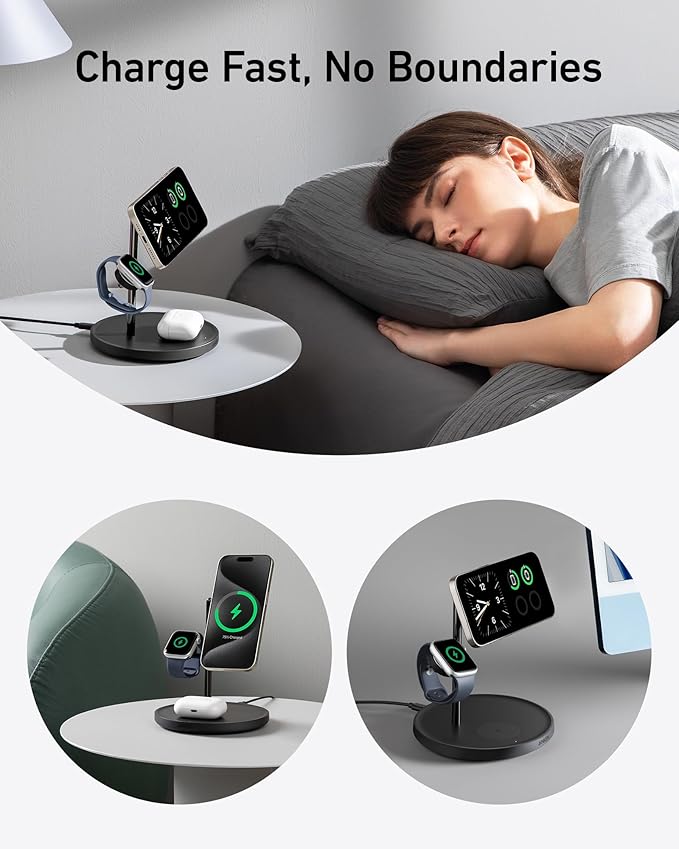 Anker MagSafe Charger Stand Compatible, iPhone 17 MagGo 3 in 1 Wireless Charging Station,Qi2 Certified 15W Wireless Charger, Desk Accessory, for iPhone 15/14/13/12 Series Apple Watch, AirPods image 5
