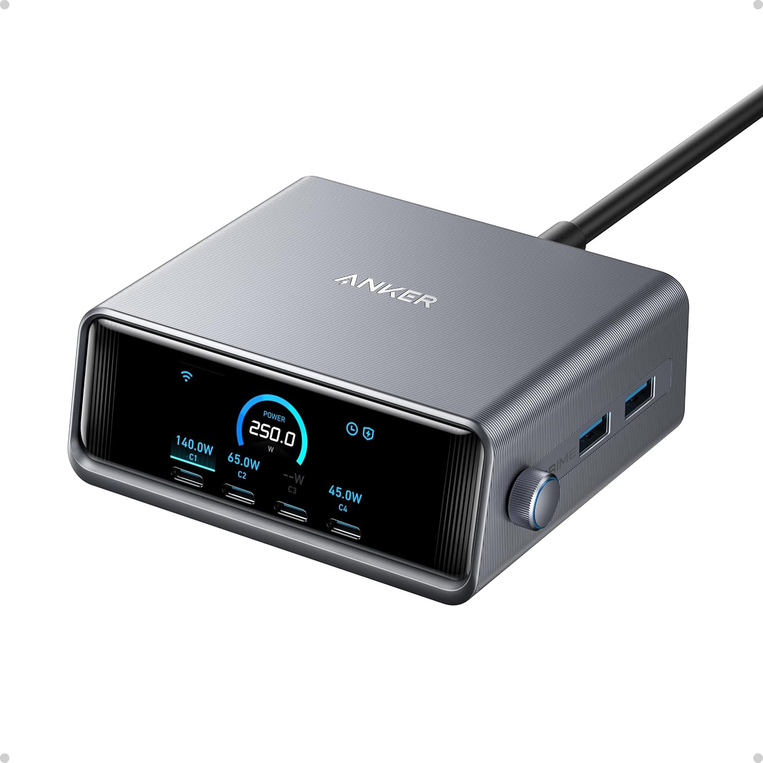 Anker Prime Charger, 250W GaN Prime USB C Charging Station, Ultra-Fast 6-Port, 2.26" LCD Display and Smart Control Dial, Compatible with MacBook Pro/Air, iPhone 16/15/14, Galaxy, and More (Silver) image 1