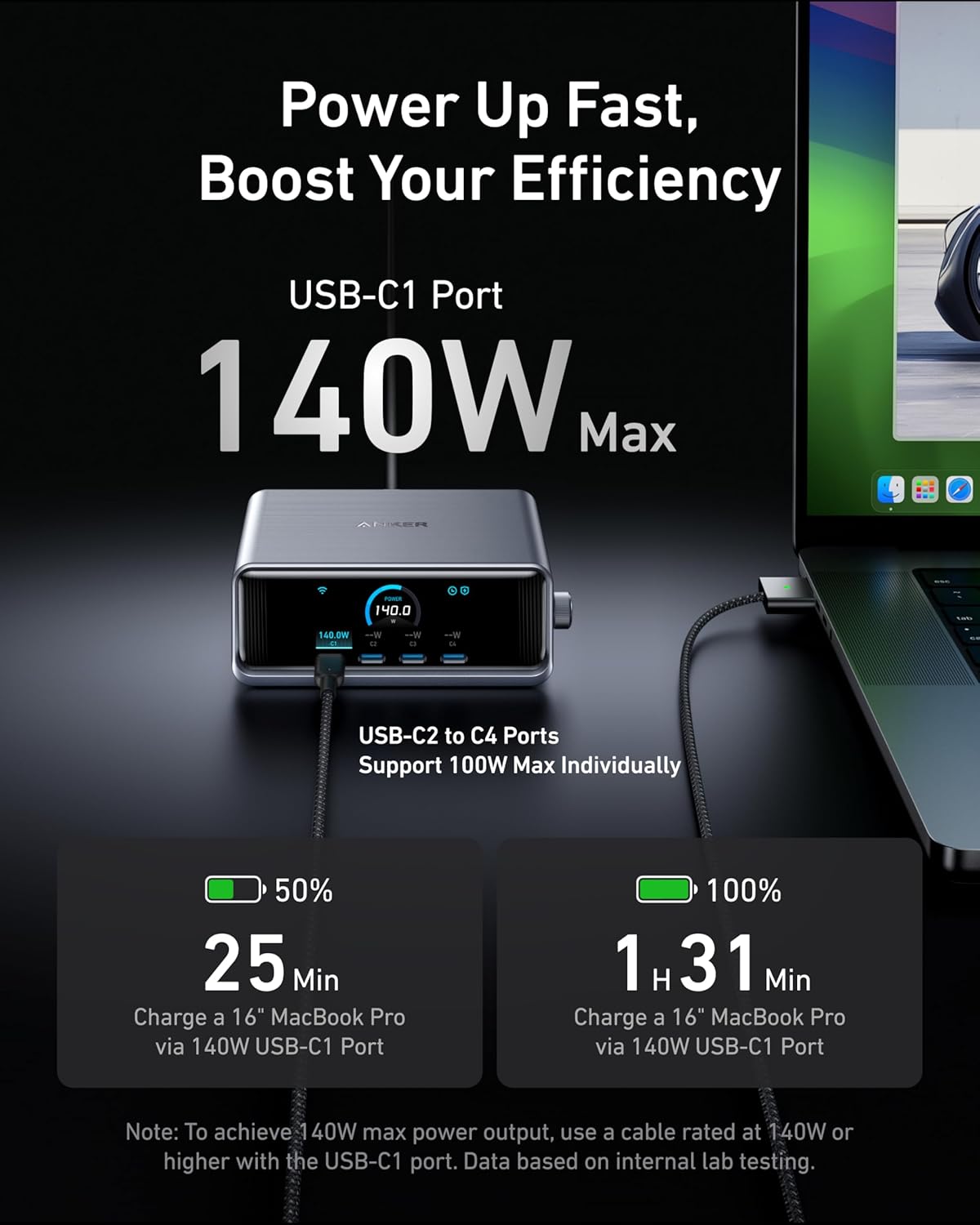 Anker Prime Charger, 250W GaN Prime USB C Charging Station, Ultra-Fast 6-Port, 2.26" LCD Display and Smart Control Dial, Compatible with MacBook Pro/Air, iPhone 16/15/14, Galaxy, and More (Silver) image 4