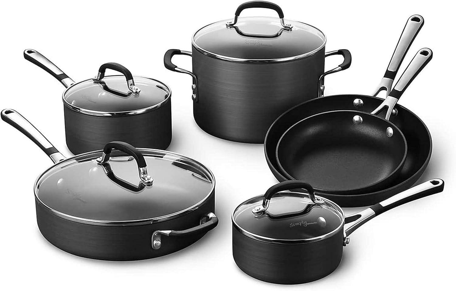 Calphalon 10-Piece Non-Stick Kitchen Cookware Set Black Pots & Pans with Stay-Cool Stainless Steel Handles Hard-Anodized Aluminum for Even Heating image 1