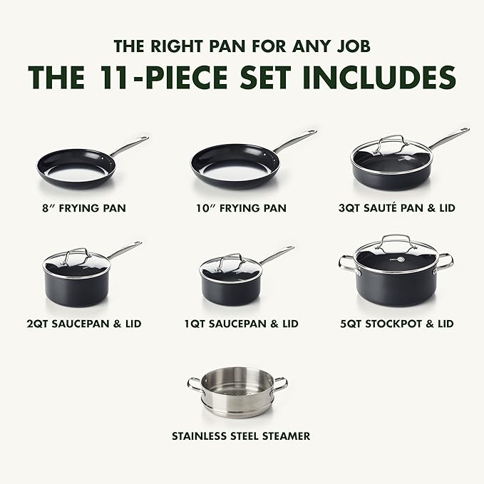 GreenPan Chatham Black Prime Midnight Hard Anodized Healthy Ceramic Nonstick 11 Piece Cookware Pots and Pans Set, PFAS-Free, Dishwasher Safe, Oven Safe, Black image 2