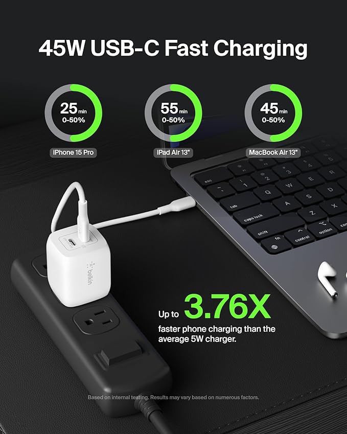 Belkin 45W Dual USB C Charger Block, Super Fast Charging PD3.0 w/ GaN Technology - Samsung Galaxy S25, Apple iPhone 17, Air, Pro, Pro Max, iPad, MacBook, AirPods, Nintendo Switch 2 & More - White image 2