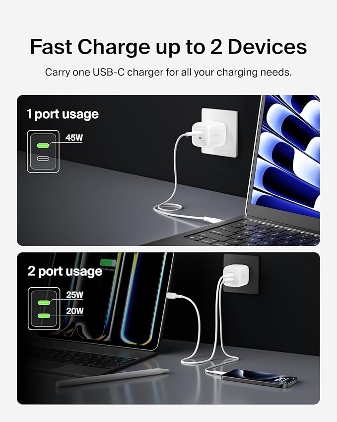 Belkin 45W Dual USB C Charger Block, Super Fast Charging PD3.0 w/ GaN Technology - Samsung Galaxy S25, Apple iPhone 17, Air, Pro, Pro Max, iPad, MacBook, AirPods, Nintendo Switch 2 & More - White image 3