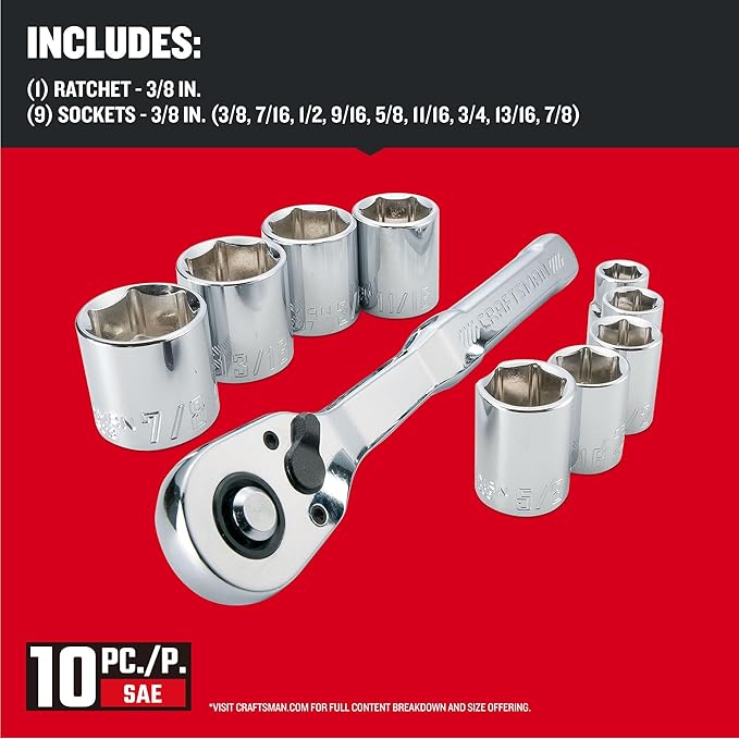 CRAFTSMAN Mechanics Tool Set with 72-tooth Low Profile Ratchet, SAE, 3/8 Inch Drive, 10 Piece (CMMT34563) image 4