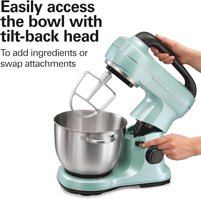 Hamilton Beach Electric Stand Mixer, 4 Quarts, Dough Hook, Flat Beater Attachments, Splash Guard, 7 Speeds with Whisk, Easy-Carry Top Handle, Aqua image 6