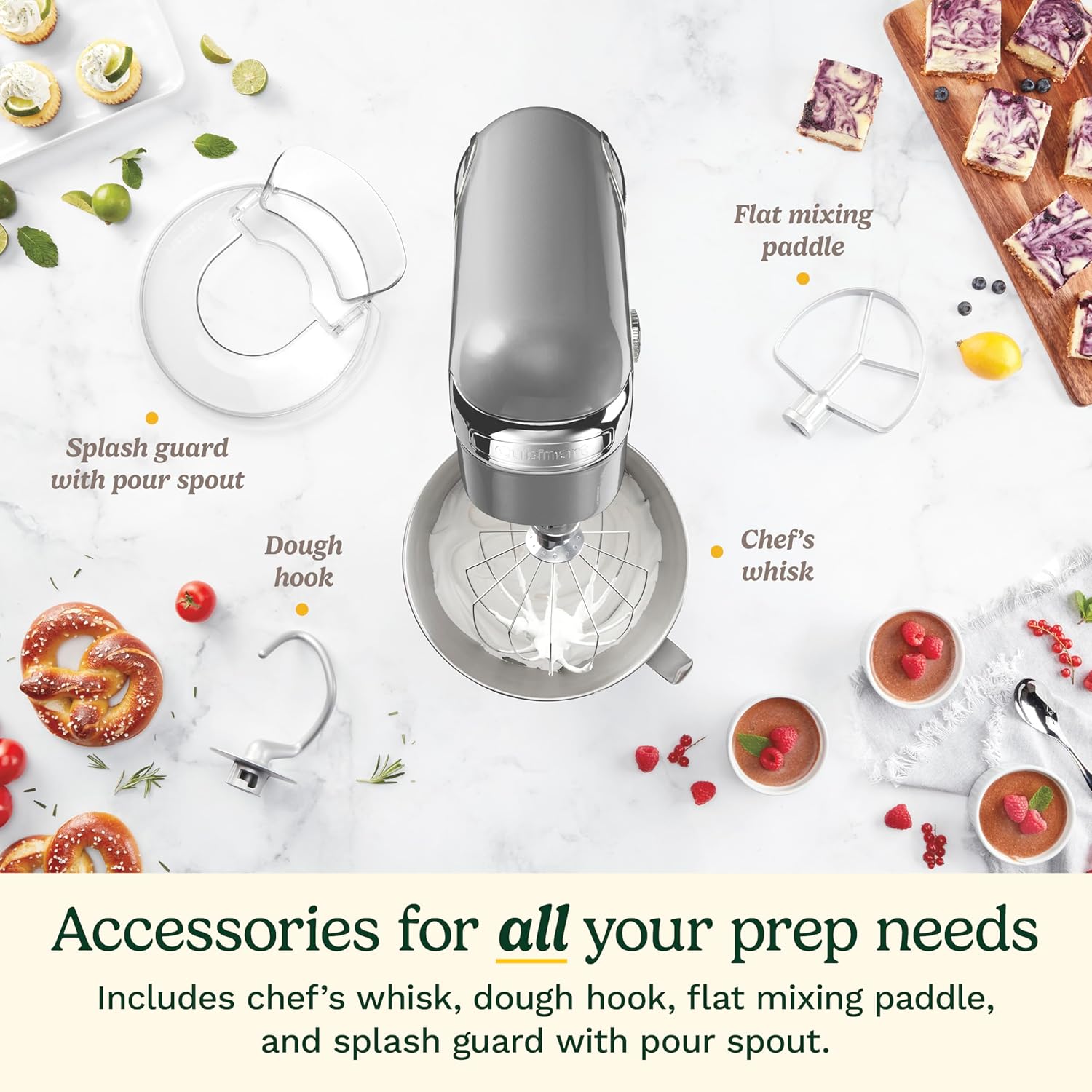 Cuisinart Stand Mixer, 12 Speeds, 5.5-Quart Mixing Bowl, Chef's Whisk, Flat Mixing Paddle, Dough Hook, and Splash Guard with Pour Spout, Silver Lining, SM-50BC, Silver Lining image 4