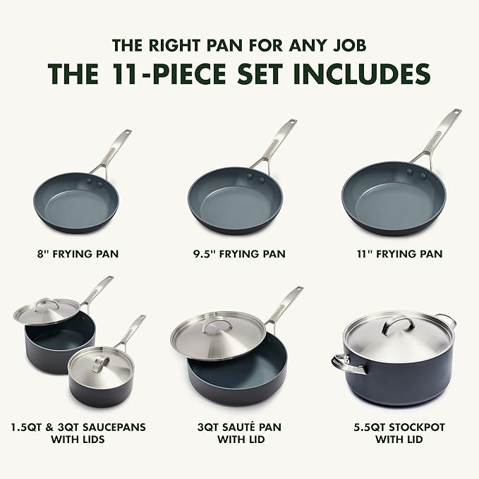 GreenPan Paris Pro Hard Anodized Healthy Ceramic Nonstick, 11 Piece Cookware Pots and Pans Set with Stainless Steel Lids, PFAS-Free, Dishwasher Safe, Grey image 4