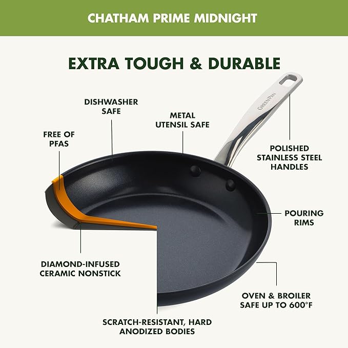 GreenPan Chatham Prime Midnight 8" and 10" Frying Pan Set, Hard Anodized Ceramic Nonstick, PFAS-Free, Dishwasher Safe, Oven Safe, Healthy Cooking Skillet for Eggs and Omelets, Black image 5