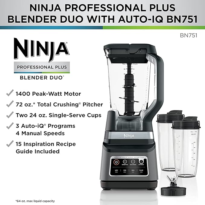 Ninja BN751 Professional Plus DUO Blender, 1400 Peak Watts, 3 Auto-IQ Programs for Smoothies, Frozen Drinks & Nutrient Extractions, 72-oz. Total Crushing Pitcher & (2) 24 oz. To-Go Cups, Black image 3