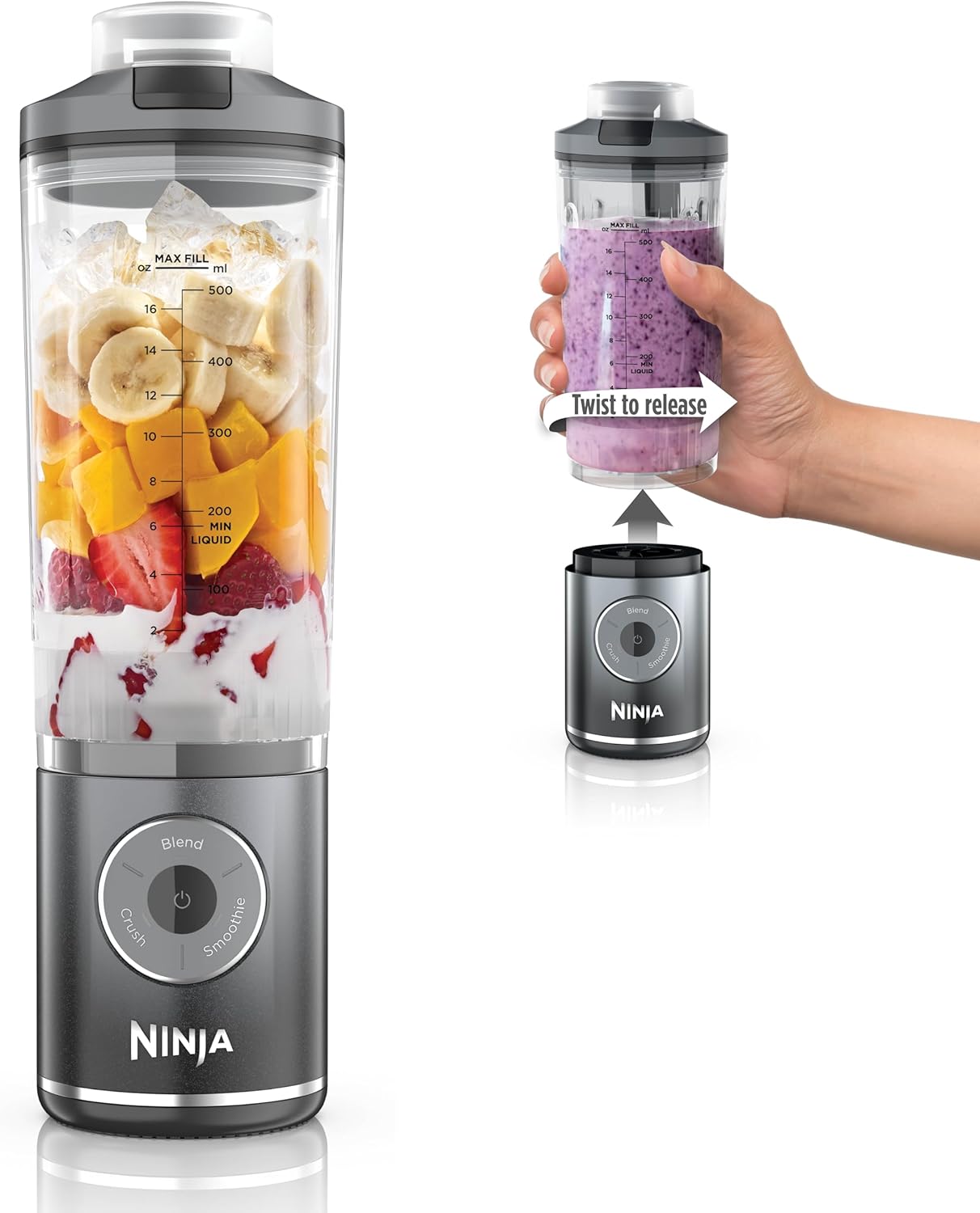 Ninja Blast Max, Portable & Personal Blender + Twist & Go, Smoothie, Blend, Ice Crush, 3 Programs, Cordless, 22 oz removable Vessel, Dishwasher Safe, Leakproof, Grey, BC251GY image 1