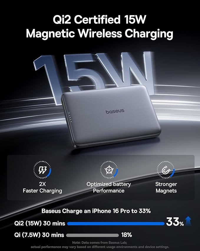 Baseus Picogo Magsafe Portable Charger, Qi2 15W 0.5" Ultra Slim 10000mAh Wireless Power Bank, 27W Fast Charging Magnetic Battery Pack with USB-C for iPhone 17 Pro Max/17 Pro/Air/16/15/14/13/12 image 2