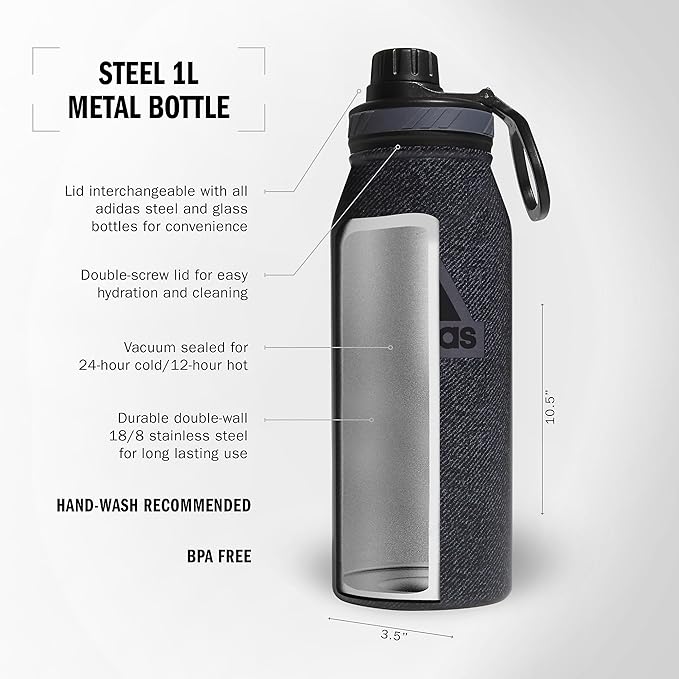 Adidas 1 Liter (32 oz) Metal Water Bottle, Hot/Cold Double-Walled Insulated 18/8 Stainless Steel, Twill Black/Black/Grey Five, 32 Ounces image 2