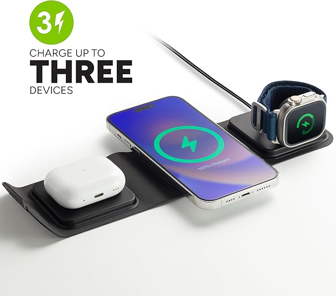 Mophie 3-in-1 Travel Charger with MagSafe - Portable Wireless Charging Hub, Compatible w/Apple Devices, iPhone 17/16/15/14/13/12 Series, Apple Watch Series 11 to 1 & Ultra, AirPods Pro/3rd Gen, Black image 2