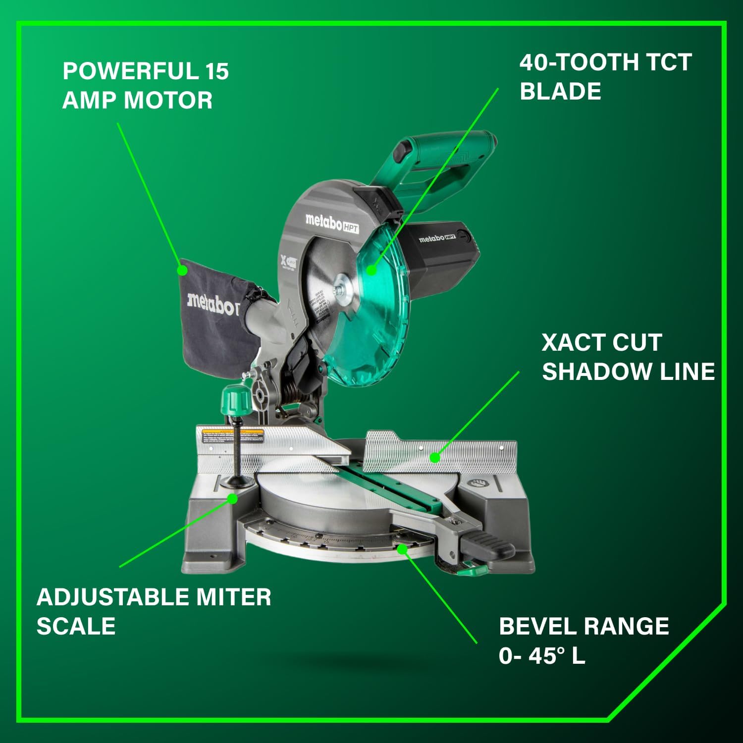 Metabo HPT 10-Inch Single Bevel Compound Miter Saw, 15-Amp Power Saw with Xact Cut Shadow Line, Precision Miter Angles, Single Bevel 0-45°, 40T TCT Miter Saw Blade, Lightweight Design, C10FCG2 image 4