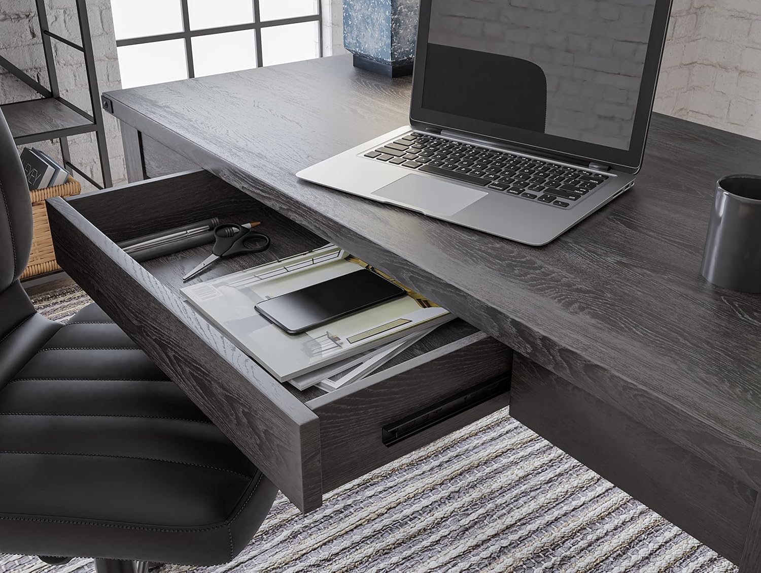Signature Design by Ashley Freedan Rustic Farmhouse Home Office Desk, Dark Gray image 8