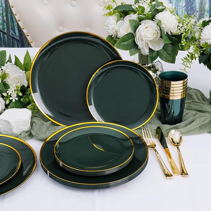 LIYH 180 Pcs Green and Gold Plastic Plates - Disposable Dinnerware Sets, Green Dinner Dessert Plates, Plastic Gold Silverware, Solo Cups for Graduation, Party, Wedding image 2