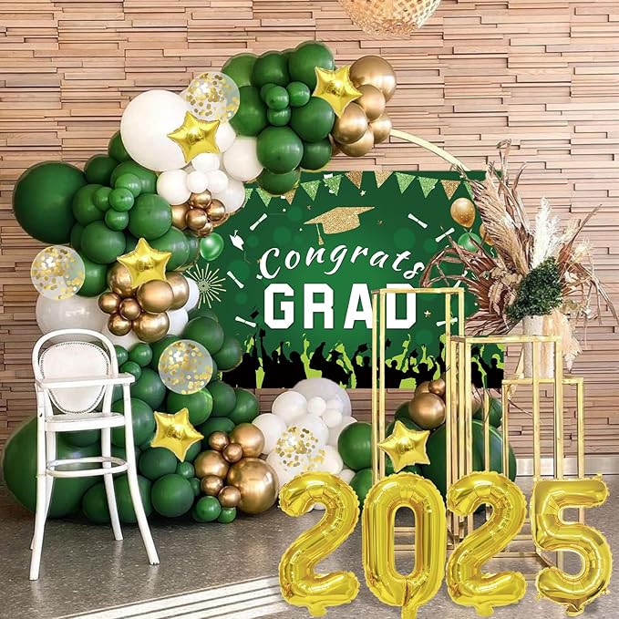 Graduation Decorations Class Of 2025: Green and Gold 2025 Graduation Decorations Balloon Arch Kit Congrats Grad Backdrop 136PCS Party Supplies for High School & College Celebrations image 2