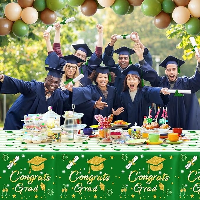 Graduation Tablecloth Party Decorations 2025, 3 Pack Green Large Size 54"x108" Congrats Grad Disposable Rectangle Table Covers Plastic Table Cloth for College High School Class of 2025 Party Supplies image 2