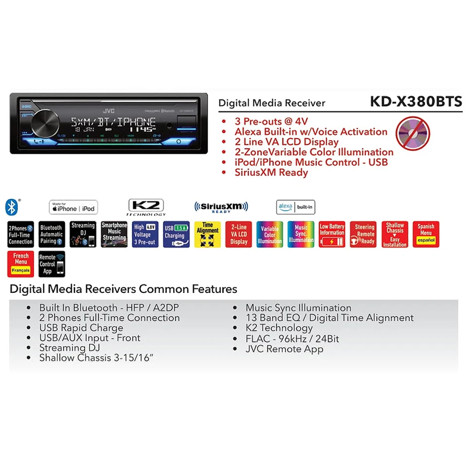 JVC KD-X380BTS Single DIN Bluetooth USB/AUX AM/FM Stereo Car Audio Receiver image 5