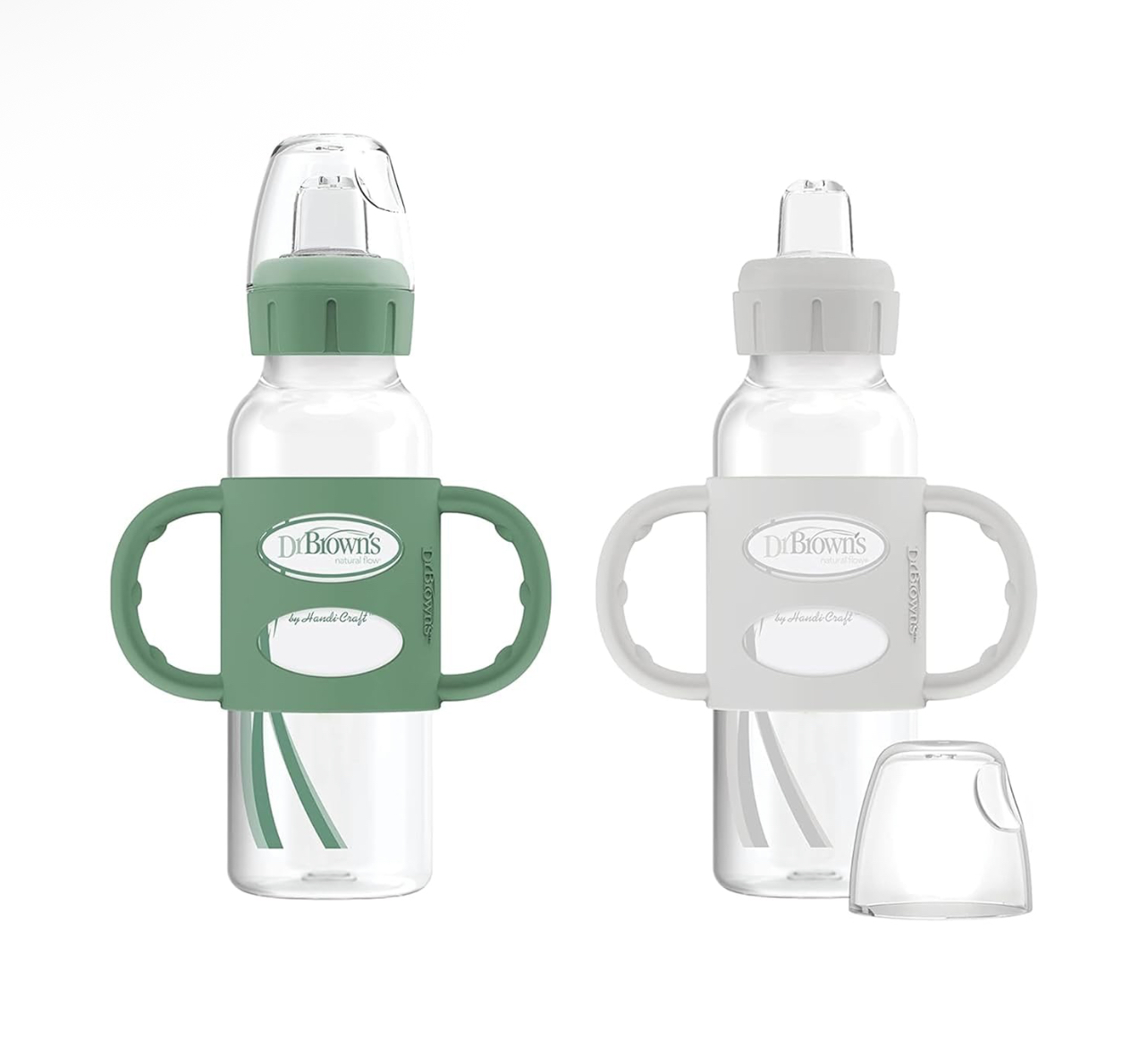 Dr. Brown's Milestones Narrow Sippy Spout Bottle with 100% Silicone Handles, Easy-Grip Handles with Soft Sippy Spout, 8oz/250mL, Green & Gray, 2-Pack,  image 1
