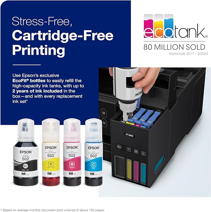 Epson EcoTank ET-2850 Wireless Color All-in-One Cartridge-Free Supertank Printer with Scan, Copy and Auto 2-Sided Printing - Black, Medium image 3