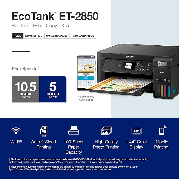 Epson EcoTank ET-2850 Wireless Color All-in-One Cartridge-Free Supertank Printer with Scan, Copy and Auto 2-Sided Printing - Black, Medium image 4