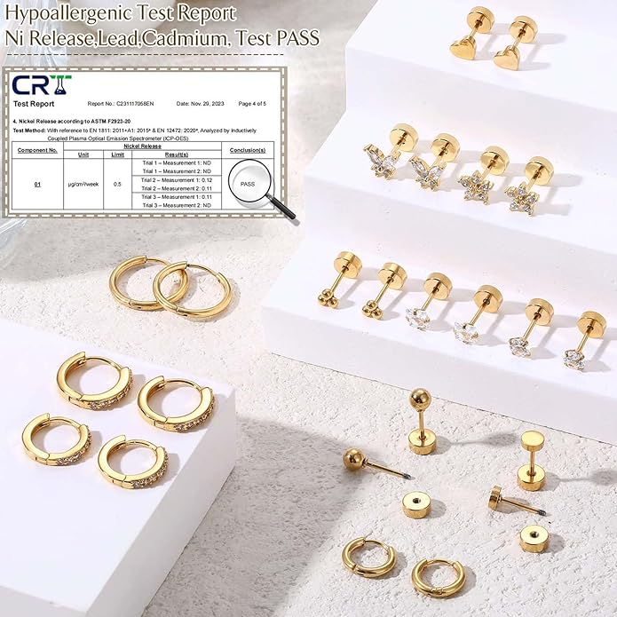 Jstyle Hypoallergenic Surgical Steel Earrings for Sensitive Ears 14K Gold Flat Back Earrings for Women Men Small Stainless Steel Earrings Flatback Stud Hoop Cartilage Earring Set for Multiple Piercing image 2
