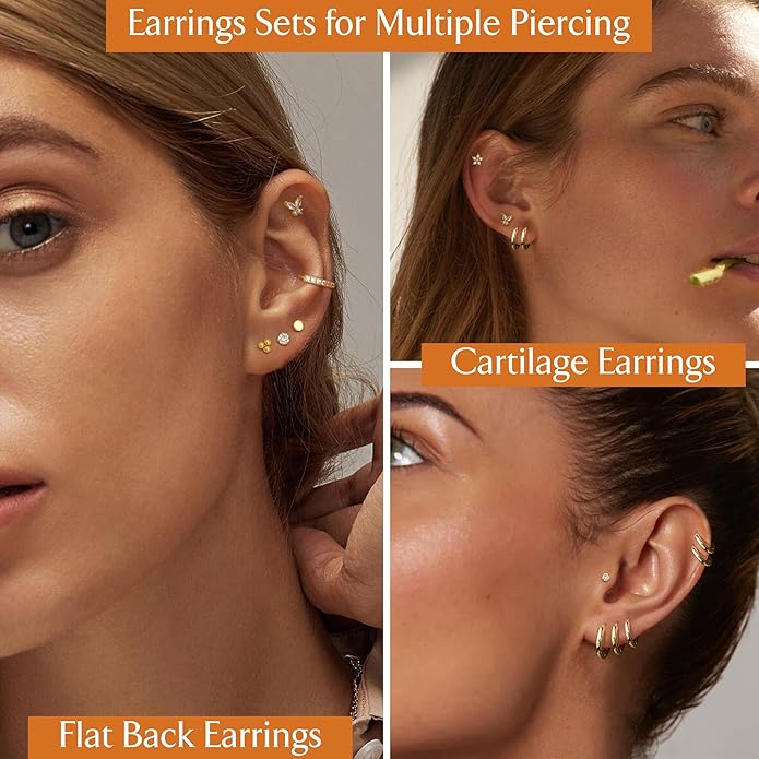 Jstyle Hypoallergenic Surgical Steel Earrings for Sensitive Ears 14K Gold Flat Back Earrings for Women Men Small Stainless Steel Earrings Flatback Stud Hoop Cartilage Earring Set for Multiple Piercing image 3
