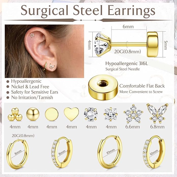 Jstyle Hypoallergenic Surgical Steel Earrings for Sensitive Ears 14K Gold Flat Back Earrings for Women Men Small Stainless Steel Earrings Flatback Stud Hoop Cartilage Earring Set for Multiple Piercing image 4