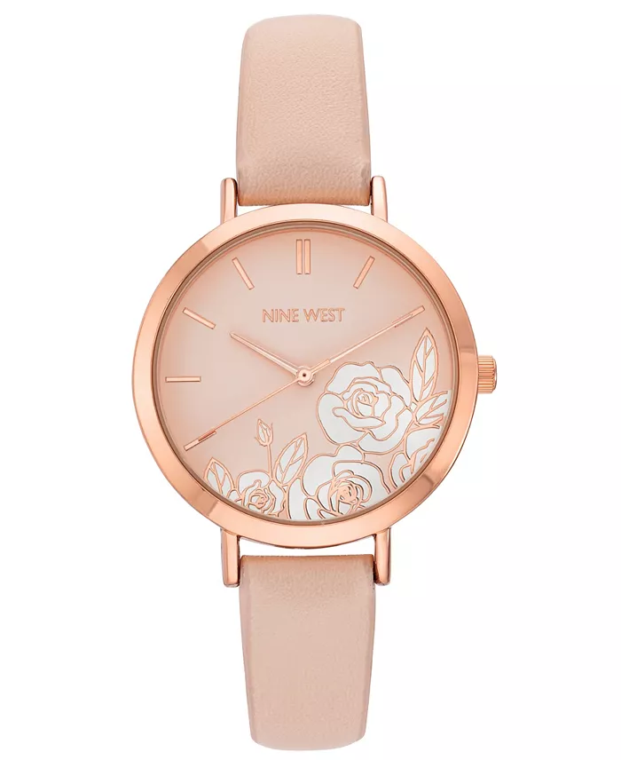 Women's Quartz Pink Faux Leather Band and Floral Pattern Watch, 36.5mm image 1