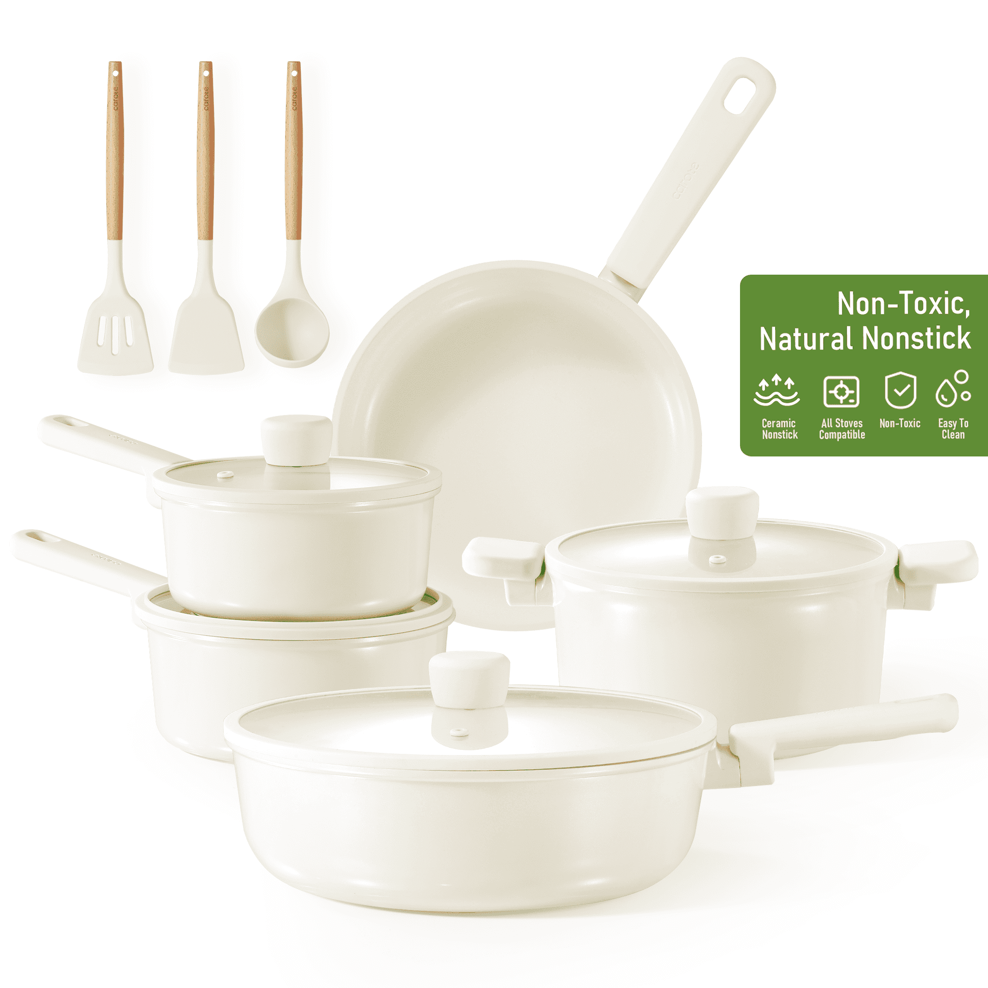 Carote Ceramic Cookware Sets, 12 Pcs Pots and Pans Set, Non Toxic Induction Cookware, Cream White image 1