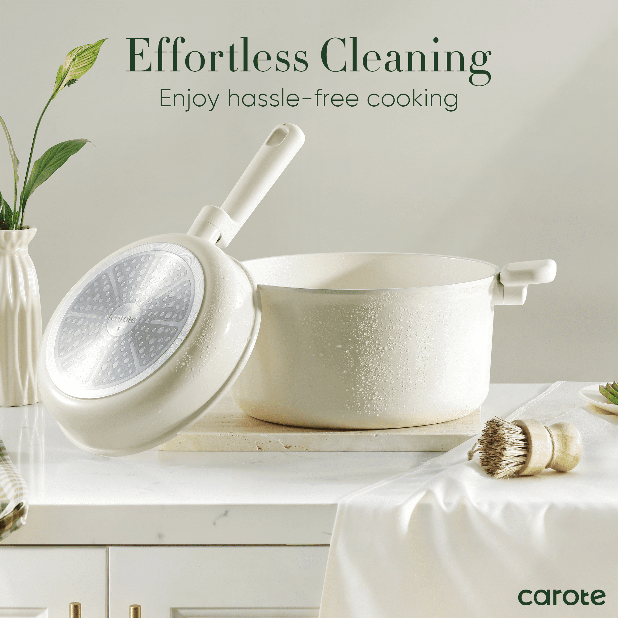 Carote Ceramic Cookware Sets, 12 Pcs Pots and Pans Set, Non Toxic Induction Cookware, Cream White image 2