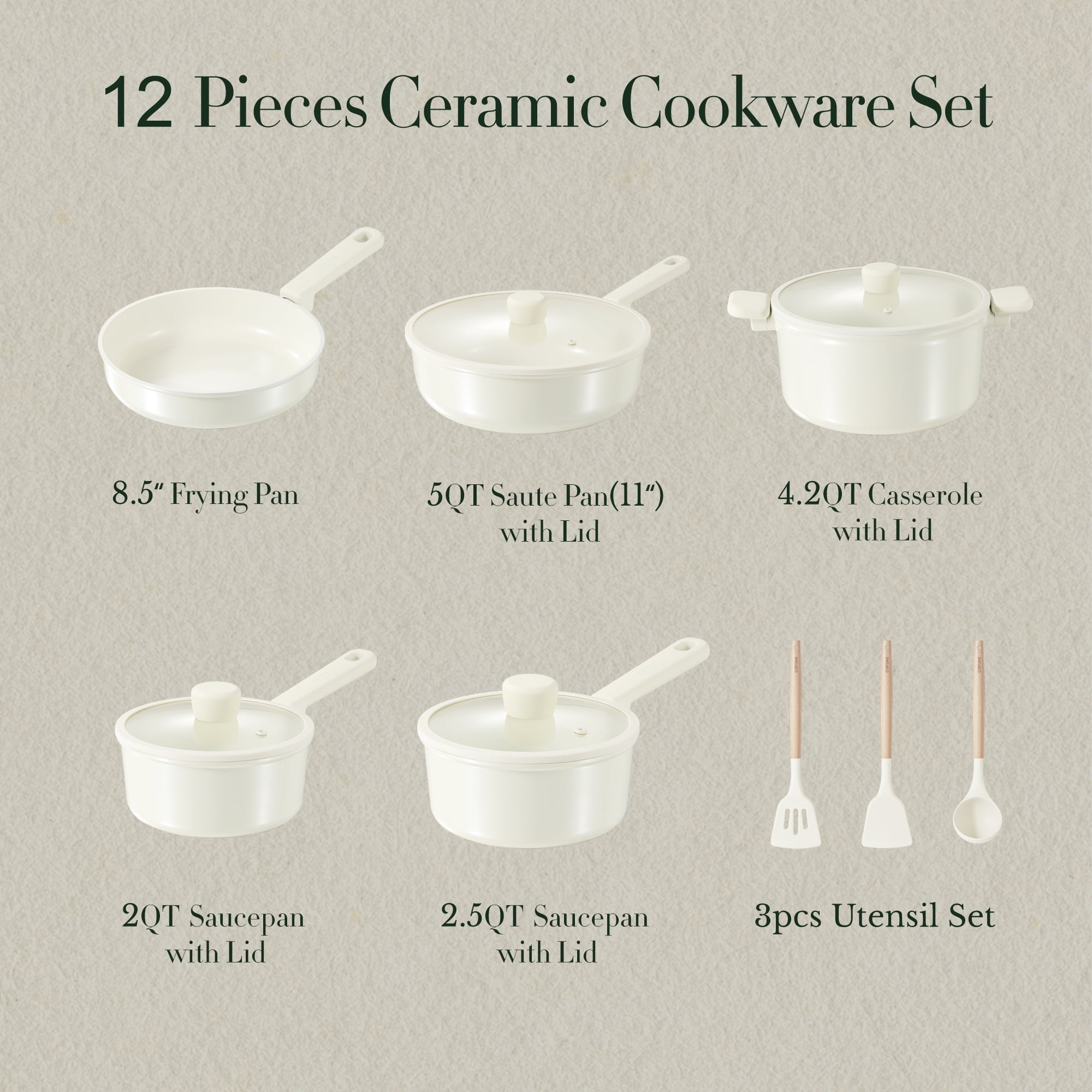 Carote Ceramic Cookware Sets, 12 Pcs Pots and Pans Set, Non Toxic Induction Cookware, Cream White image 3