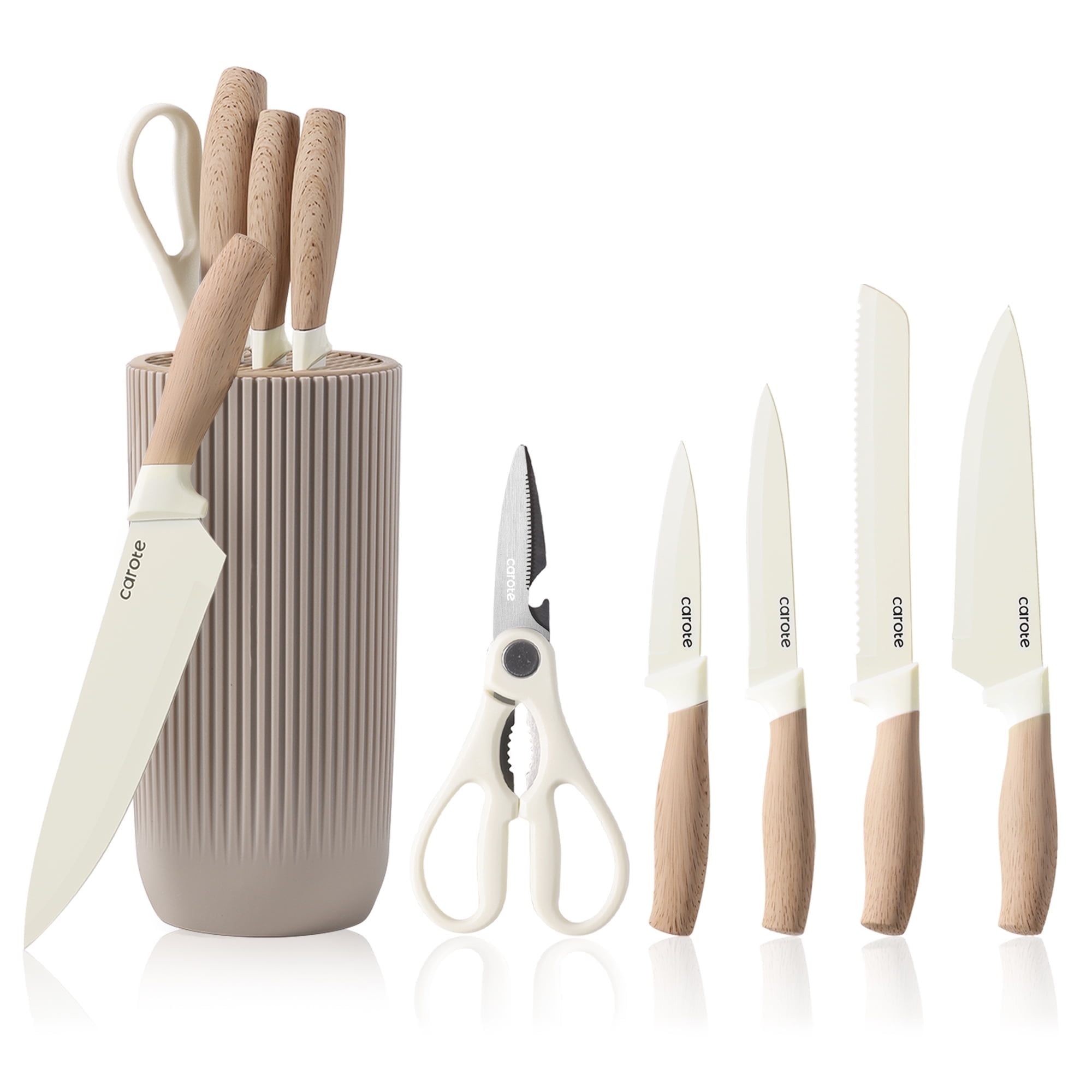 Carote 6Pcs Knife Set with Universal Block, Ceramic Coating, Stainless Steel Blade, Khaki image 1