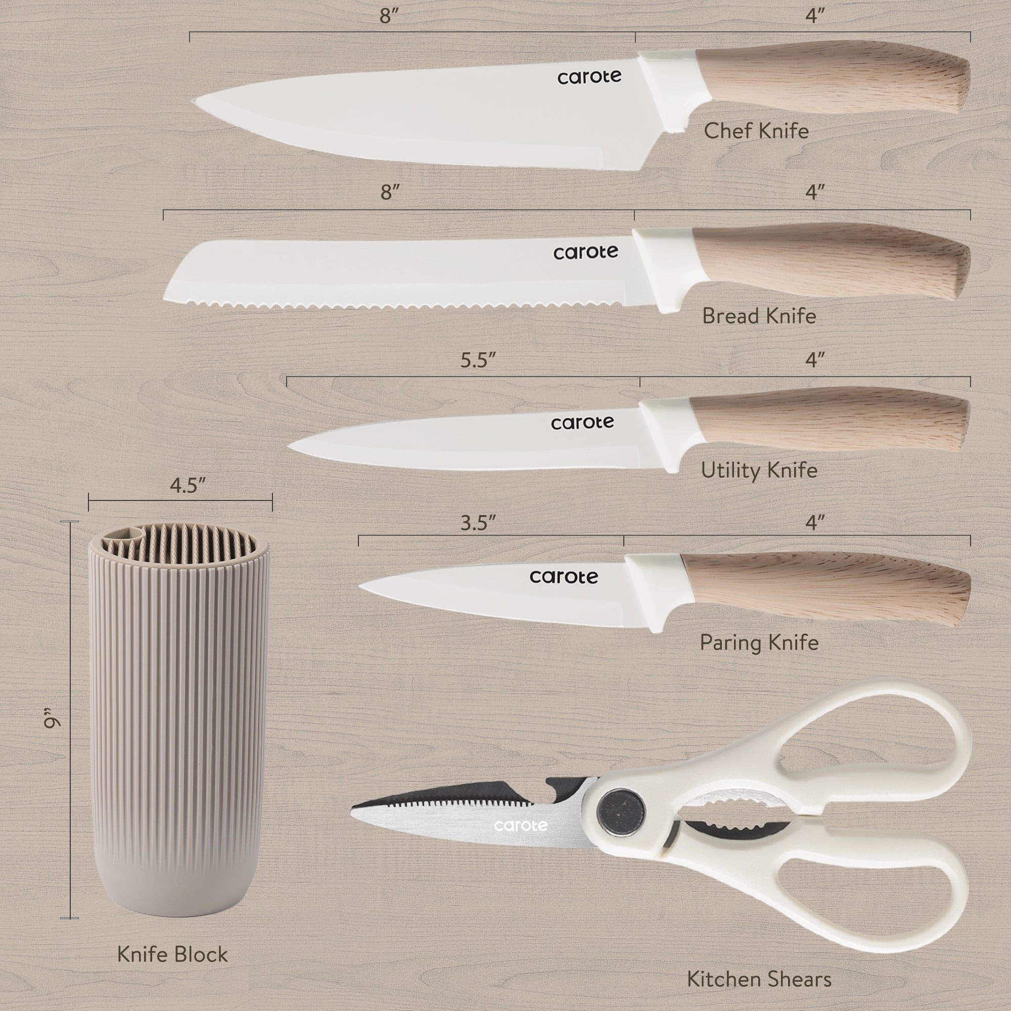 Carote 6Pcs Knife Set with Universal Block, Ceramic Coating, Stainless Steel Blade, Khaki image 2