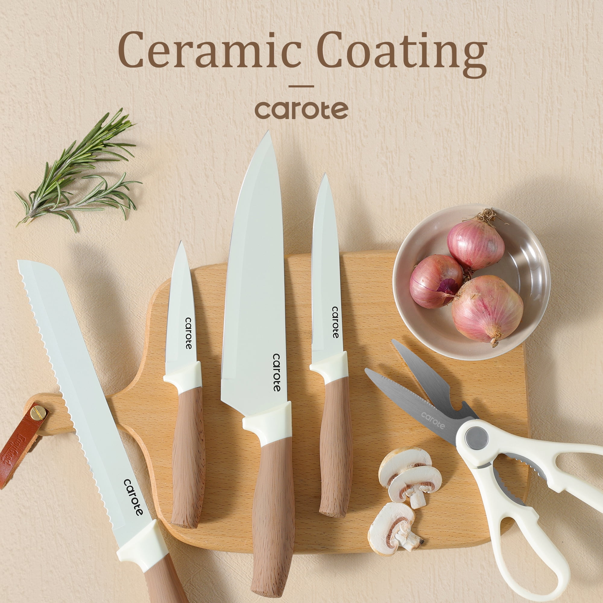 Carote 6Pcs Knife Set with Universal Block, Ceramic Coating, Stainless Steel Blade, Khaki image 3