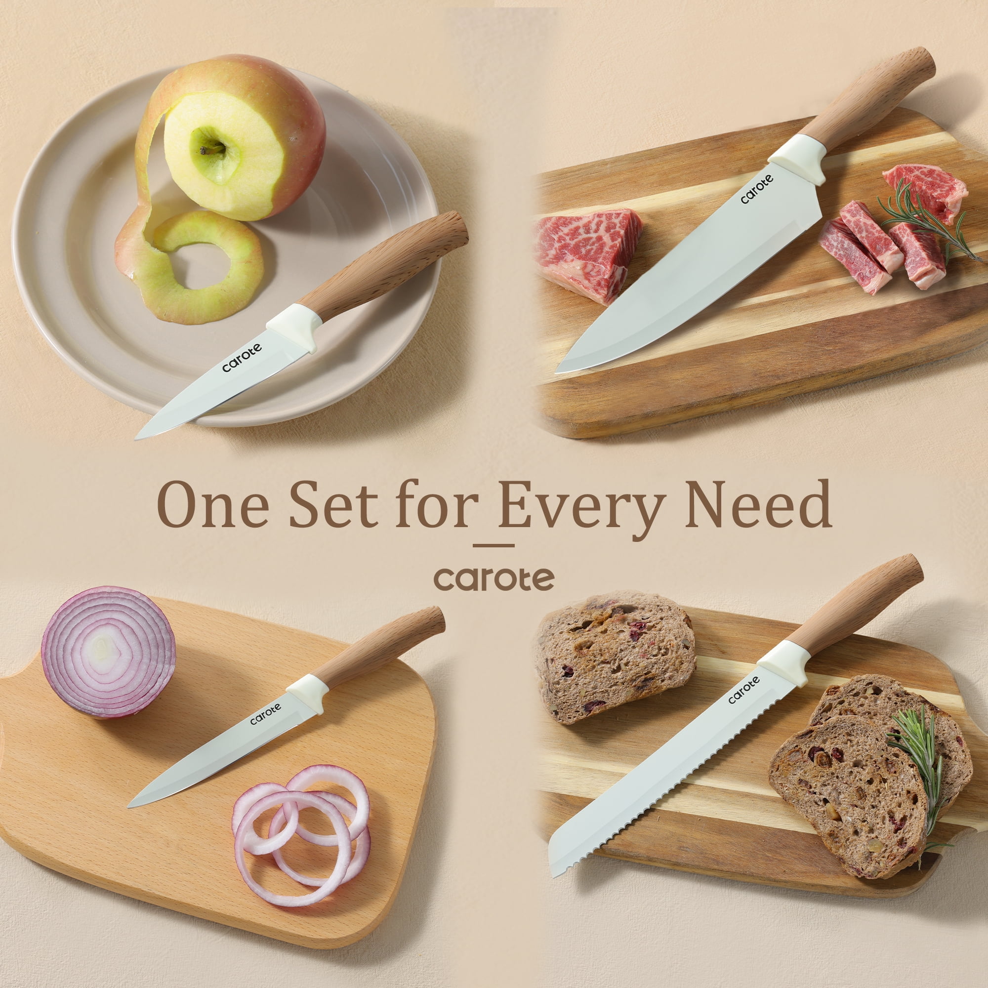 Carote 6Pcs Knife Set with Universal Block, Ceramic Coating, Stainless Steel Blade, Khaki image 4