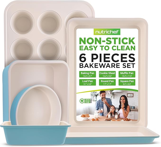 NutriChef 6-Piece Baking Pan Set, Carbon Steel Bakeware with Premium Ceramic Nonstick Coating, Includes 12-Cup Muffin Pan, Cake & Loaf Pan, Wide Bake Pan, & Cookie Sheet - Turquoise image 1