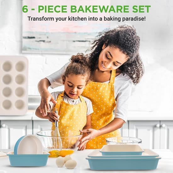 NutriChef 6-Piece Baking Pan Set, Carbon Steel Bakeware with Premium Ceramic Nonstick Coating, Includes 12-Cup Muffin Pan, Cake & Loaf Pan, Wide Bake Pan, & Cookie Sheet - Turquoise image 3