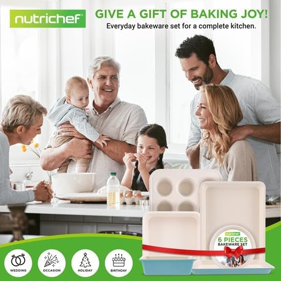 NutriChef 6-Piece Baking Pan Set, Carbon Steel Bakeware with Premium Ceramic Nonstick Coating, Includes 12-Cup Muffin Pan, Cake & Loaf Pan, Wide Bake Pan, & Cookie Sheet - Turquoise image 7