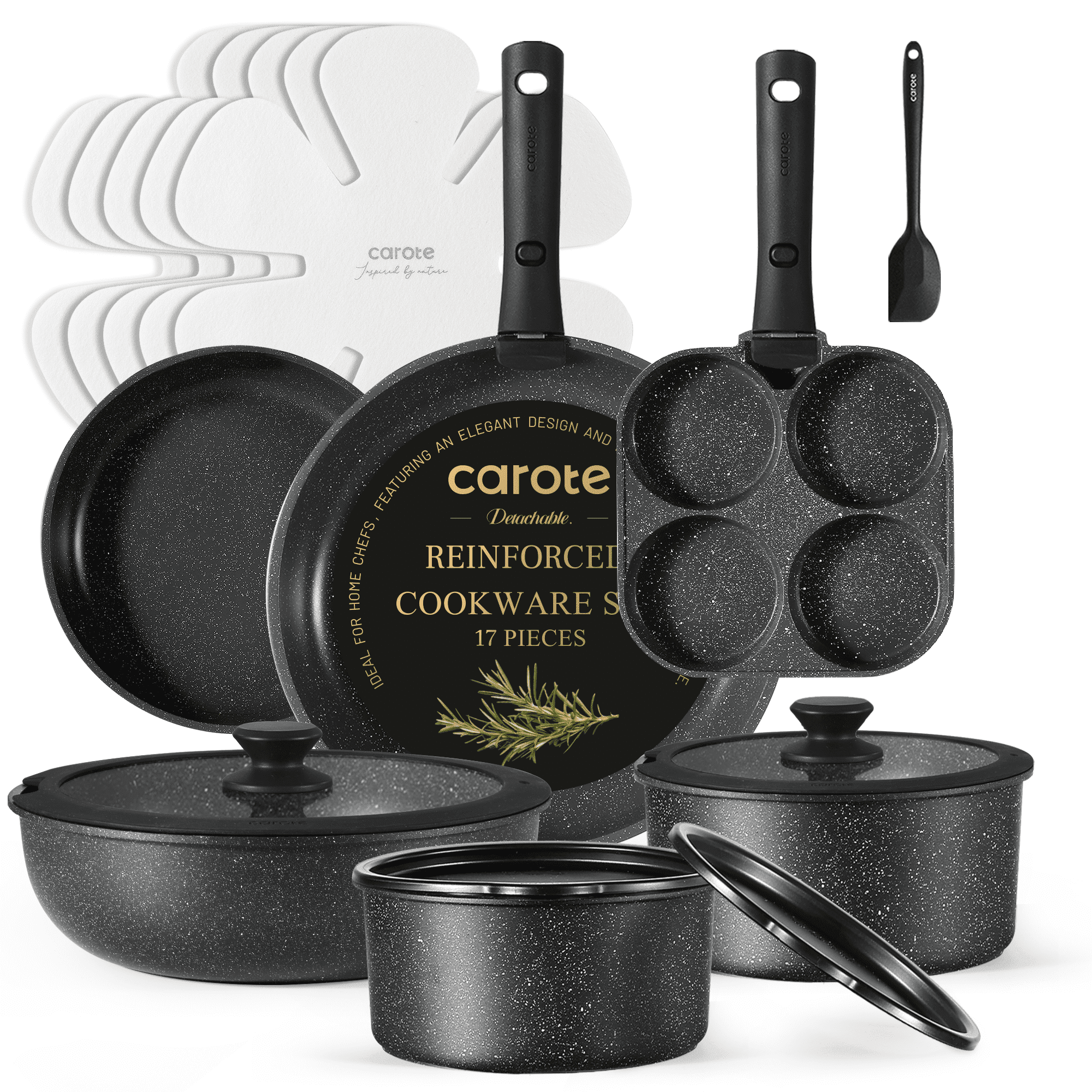 Carote 17pcs Nonstick Cookware Set, Granite Reinforced Non Stick Pots and Pans Set Removable Handle image 1