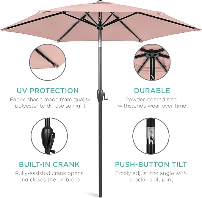 Best Choice Products 7.5ft Heavy-Duty Round Outdoor Market Table Patio Umbrella w/Steel Pole, Push Button Tilt, Easy Crank Lift - Rose Quartz image 5