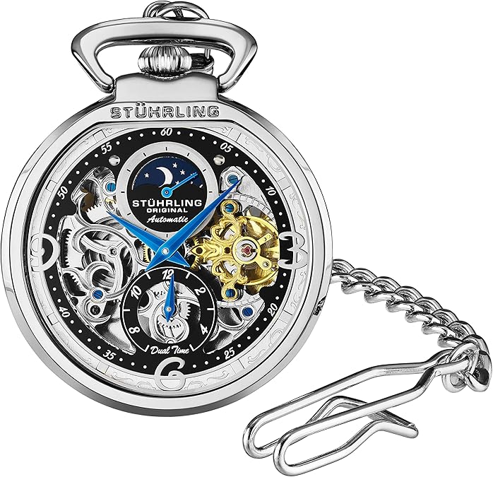 Stuhrling Orignal Mens Automatic Pocket Watch Skeleton Dial Mechanical Movement with and Stainless Steel Chain -Dual Time AM/PM Sun Moon Subdial image 1