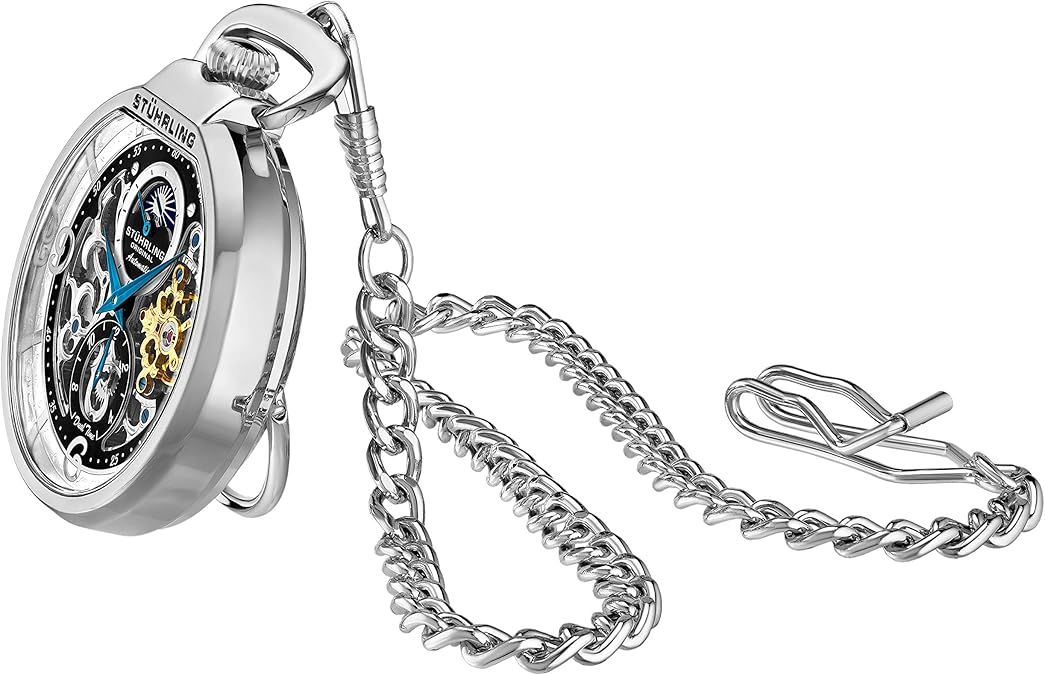 Stuhrling Orignal Mens Automatic Pocket Watch Skeleton Dial Mechanical Movement with and Stainless Steel Chain -Dual Time AM/PM Sun Moon Subdial image 3