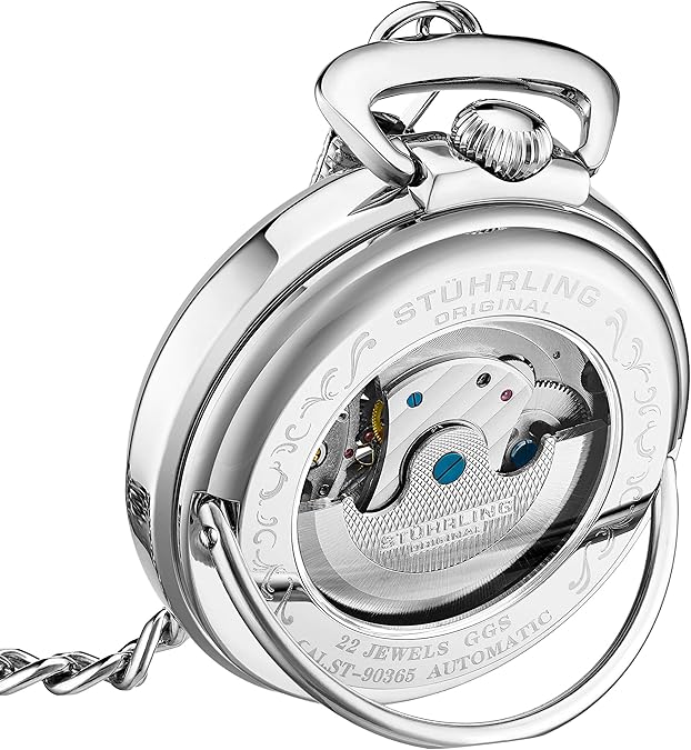 Stuhrling Orignal Mens Automatic Pocket Watch Skeleton Dial Mechanical Movement with and Stainless Steel Chain -Dual Time AM/PM Sun Moon Subdial image 4