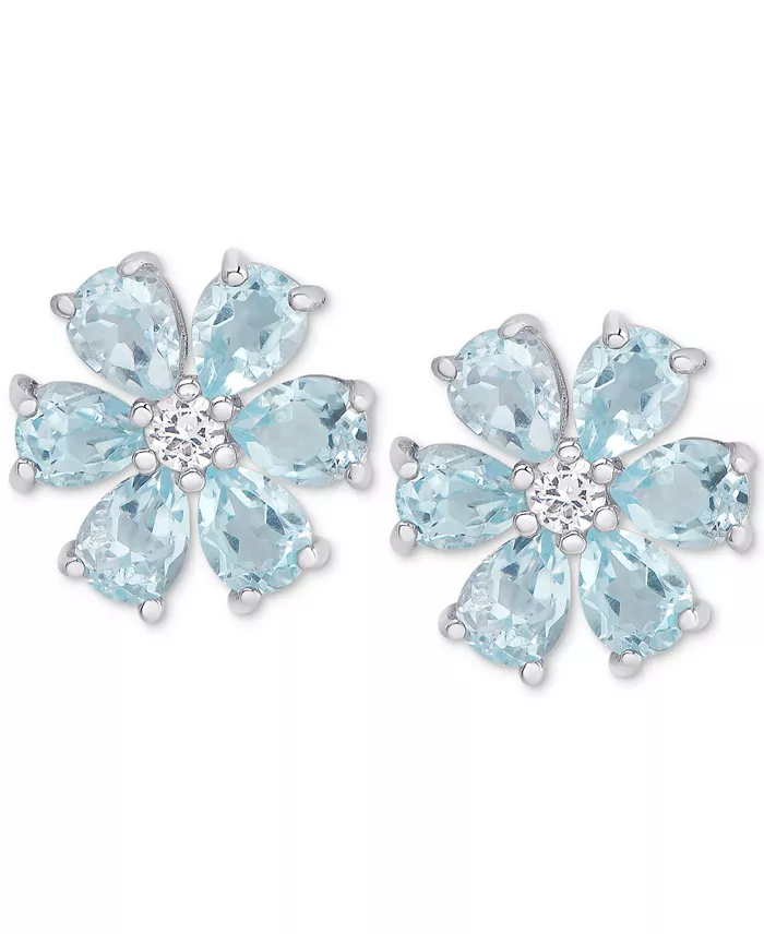 Blue Topaz (2-3/8 ct. t.w.) & White Topaz Accent Flower Stud Earrings in Sterling Silver image 1