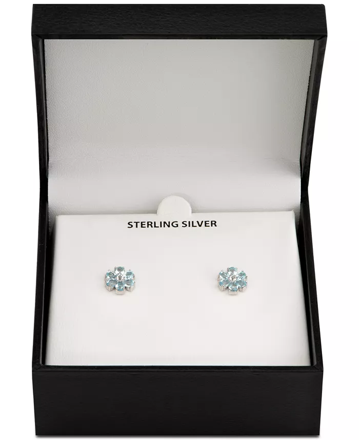 Blue Topaz (2-3/8 ct. t.w.) & White Topaz Accent Flower Stud Earrings in Sterling Silver image 2
