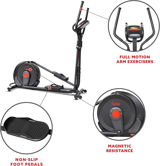 Sunny Health & Fitness Smart 17" Stride Elliptical Machine Trainer w/Built-In Pulse Sensor & 16-Level Tension for Home Exercises, Free SunnyFit App Bluetooth Link, Optional Electro-Magnetic Resistance image 3